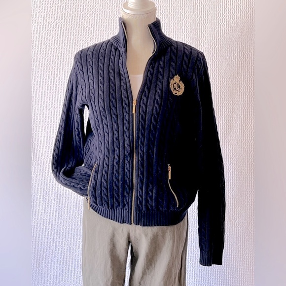 RALPH LAUREN 100% Cotton Navy and Gold Zipper Cable Knit Jacket Size Large - Picture 4 of 11